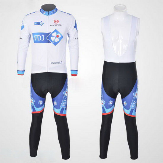 2010 Maillot FDJ Tirantes Mangas Largas Blanco Y celeste